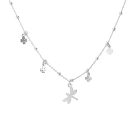Collier argent rhodié composé d un pendentif libellule 4 pendentifs trèfles à 4 feuilles Chaîne perlée 2mm large Longueur ...