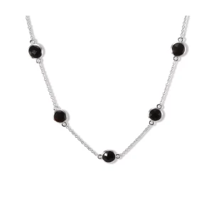 Collier Argent Rhodié 925 serti 5 onyx ronds facettés 6mm diamètre Chaîne maille forçat ronde 1,4mm large Largeur : 8mm Lo...