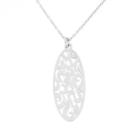 Collier argent rhodié maille forcat un ovale ajouré Dimension motif : 13x30 mm Longueur ajustable 42 à 45 cm