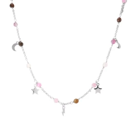 Collier argent rhodié composé breloques lune, étoiles, éclair perles facettées tourmaline 3mm large Chaîne maille ronde 1,...