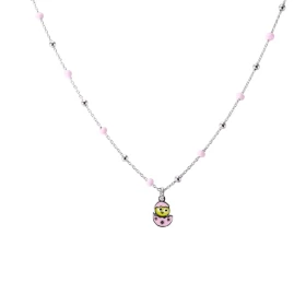 Collier argent rhodié composé d un poussin jaune dans un oeuf rose émail perles roses 2,4mm large Chaîne maille forçat 0,9...