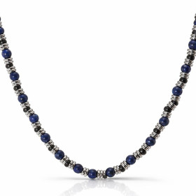Collier Homme Acier Lapis Lazuli Collier composé maillons noirs gris boules lapis lazuli 4mm Largeur : 4mm Longueur ajusta...