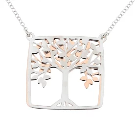 Collier Arbre vie Argent 925 2 tons Blanc Rose Longueur ajustable 40 à 45cm Dimensions du motif : 30x30mm