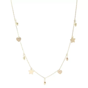 Collier or jaune 375 composé d une maille forçat 1mm large, 5 breloques perles ciselées, 2 breloques étoiles, 2 breloques ...