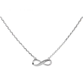  Collier signe infini Argent rhodié Oxyde zirconium Motif signi infini serti 5 pierres Dimensions du motif : 14x5mm Chaine...