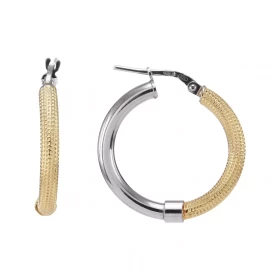 Créoles argent rhodié argent doré forme cercle 26mm diamètre. La partie avant est argent doré texturé partie arrière argen...