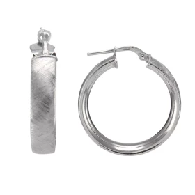 Créoles argent rhodié brossé forme cercle 27mm diamètre Section ovale 6mm large Système d attache : tige montée sur une ch...