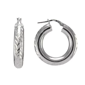 Créoles argent rhodié forme cercle 25mm diamètre ciselé sur toute partie extérieure Section ronde 5mm large Système d atta...