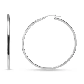 Créoles argent rhodié une section carrée 2mm large Système d attache : charnière Diamètre extérieur : 50x50mm