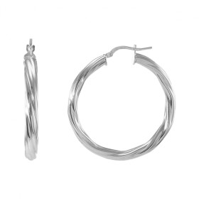 Créoles torsadée argent rhodié forme ronde un diamètre 38mm Section ronde 4,3mm large Système d attache : tige montée sur ...