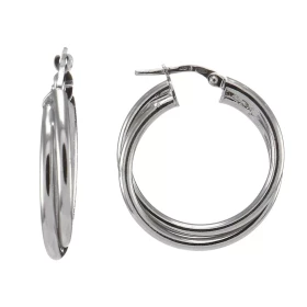 Créoles argent rhodié composées 2 anneaux entrelacés 20mm diamètre Section ronde 2mm large Dimension : 26x28mm Système d a...