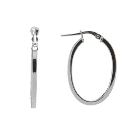 Créoles argent rhodié forme ovale Section carrée 2mm large Longueur : 29mm Système d attache : tige montée sur une charnière