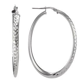 Créoles argent rhodié forme ovale partie avant ciselée partie arrière lisse Section ovale 4mm large Longueur : 47mm Systèm...