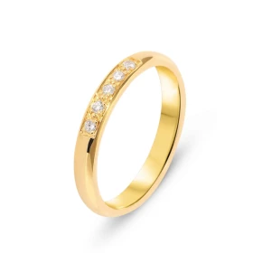  Demi alliance or jaune 750 sertie 5 diamants 1,7 mm diamètre Monture demi jonc 3mm large Serti à grains Poids total diama...