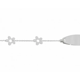 Gourmette bébé maille forcat fleurs Or Blanc 750 Largeur maille : 0,8mm.Longueur : 14cm, Anneau intermédiaire à 12,5 cm