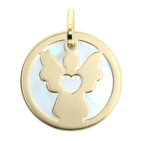  Médaille ange Or jaune 750 sur un Fond Nacre Diamètre : 15mm 