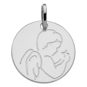  Médaile Ange étoile Or Blanc 375 Dimensions du pendentif bélière incluse : 20 x16 mm Diamètre médaille : 16mm 