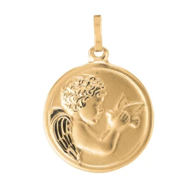  Médaille Ange Oiseau Or Jaune 375. Chevelure Ailes finition brillante, Effet satiné sur le reste médaille. Diamètre : 16mm. 