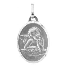 Médaille Ange Or Blanc 750/1000. Plaque ovale 17x13mm. Effet satiné sur les deux faces. Le contour plaque est brillant.