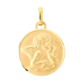 Médaille Ange Ronde Or Jaune 375 (15mm) Finition satinée sur les deux faces Diamètre : 15mm Dimensions médaille (bélière i...