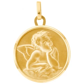 Médaille ange Or 750. Effet satiné sur les deux faces, bordure est polie (brillante). Diamètre : 18mm.