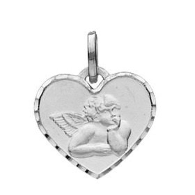 Médaille Ange Or Blanc 750/1000. Plaque forme coeur - Dimension :12x13mm L ange est relief sur plaque. Effet satiné sur le...
