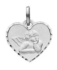 Médaille Ange Or Blanc 750/1000. Plaque forme coeur - Dimension :12x13mm L ange est relief sur plaque. Effet satiné sur le...