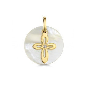 Pendentif Nacre Or Jaune 750 Nacre ronde 15mm Petite croix mobile sertie d un diamant son centre Dimensions du pendentif (...
