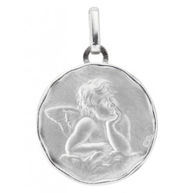 Médaille Or Blanc 750/1000 motif Ange. Effet satiné sur les deux faces. Diamètre médaille : 17mm.