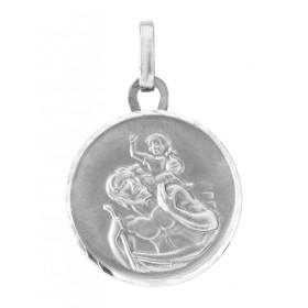 Médaille Saint Christophe Or Blanc 750/1000. Plaque ronde 15mm diamètre Personnages relief sur face avant. Effet satiné su...