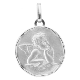 Médaille Or Blanc 750/1000 motif Ange. Effet satiné sur les deux faces. Diamètre médaille : 17mm.