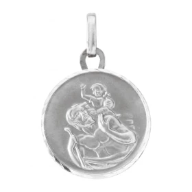 Médaille Saint Christophe Or Blanc 750/1000. Plaque ronde 15mm diamètre Personnages relief sur face avant. Effet satiné su...