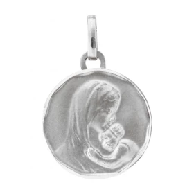  M&eacute;daille Vierge &agrave; l enfant Or Blanc 750 Plaque ronde 16mm diam&egrave;tre. Effet satin&eacute; sur les deux...
