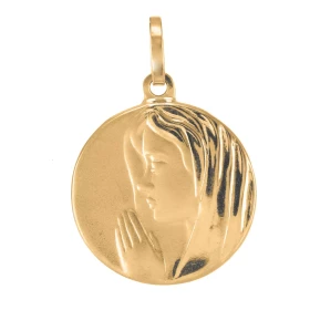 Médaille Vierge prière Or jaune 750/1000 Plaque ronde 16mm diamètre.