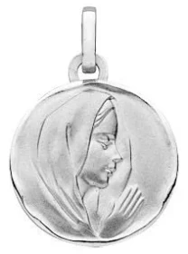 Médaille Vierge Or Blanc 750/1000. Plaque ronde 15mm diamètre Vierge relief sur face avant. Effet satiné sur les deux fac...