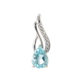 Pendentif Argent 925 Rhodié Topaze bleue traitée Poire 8x6mm Oxydes Motif moderne un pavage 7 oxydes 1mm La pierre central...