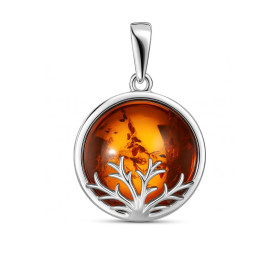 Pendentif Argent Arbre Vie Ambre Ambre rond 18mm Ambre couleur cognac Dimensions du pendentif (bélière incluse) : 30x20mm