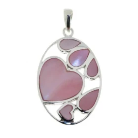 Pendentif Argent 925 Nacre rose Motif ovale 25x18mm coeurs pétales Hauteur (bélière incluse) : 33mm 