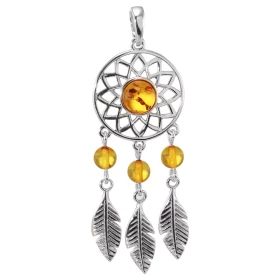 Pendentif argent forme d attrape rêve une ambre centrale 7mm diamètre Ambre couleur cognac Dimesion du pendentif bélière i...