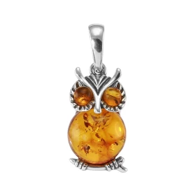 Pendentif argent forme hibou une ambre 10mm diamètre 2 petites ambres pour les yeux Ambre couleur cognac Dimension du pend...
