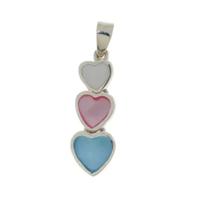 Pendentif Argent 925 Nacre composé 3 petits coeurs, longueur : 3cm