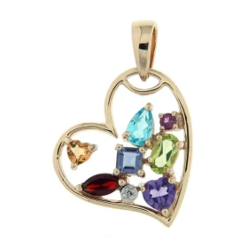 Pendentif coeur Or jaune 375 serti pierres fines (Citrine, Péridot, Iolite, Améthyste,Topaze bleue) d un diamant Dimension...