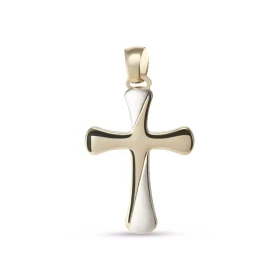 Pendentif 2 ors 375 forme croix partie or blanc satinée Dimension du pendentif (bélière incluse) : 16x28mm Epaisseur du pe...