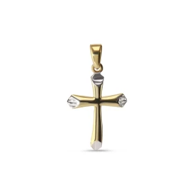 Pendentif 2 ors 375 forme croix les parties or blanc striées Dimension du pendentif (bélière incluse) : 13x24mm Epaisseur ...