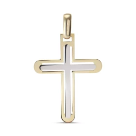 Pendentif 2 ors 375 forme croix ajouré partie or blanc satinée Dimension du pendentif (bélière incluse) : 24x37mm Epaisseu...