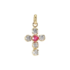 Petite croix Or Jaune 750/1000 sertie d un rubis d oxydes zirconium Dimensions (bélière incluse) : 19x10mm 