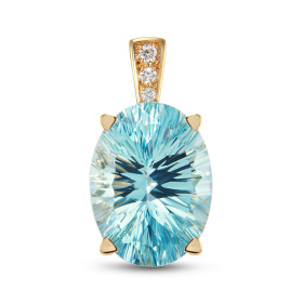  Pendentif Or Jaune 750 serti d une Topaze Bleue traitée Ovale 20x15mm (23 carats) 3 diamants Poids total diamant : 0,11 c...