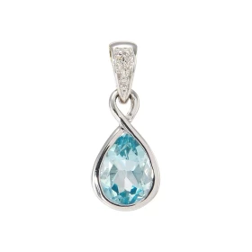Pendentif Infini Or Blanc 375 Topaze bleue traitée Poire 8x6mm Diamant Motif infini serti d une Topaze bleue traitée Poire...