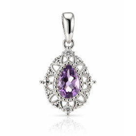 Pendentif Or Blanc 375 serti d une Améthyste poire 7×5mm 2 diamants Style rétro motif ajouré serti perlée autour pierre Di...