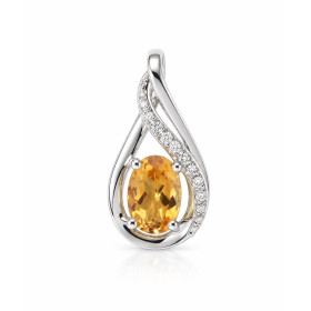 Pendentif Or Blanc 375 serti d une Citrine Ovale 6x4mm diamants Motif courbe à finition diamantée serti 2 diamants Serti à...